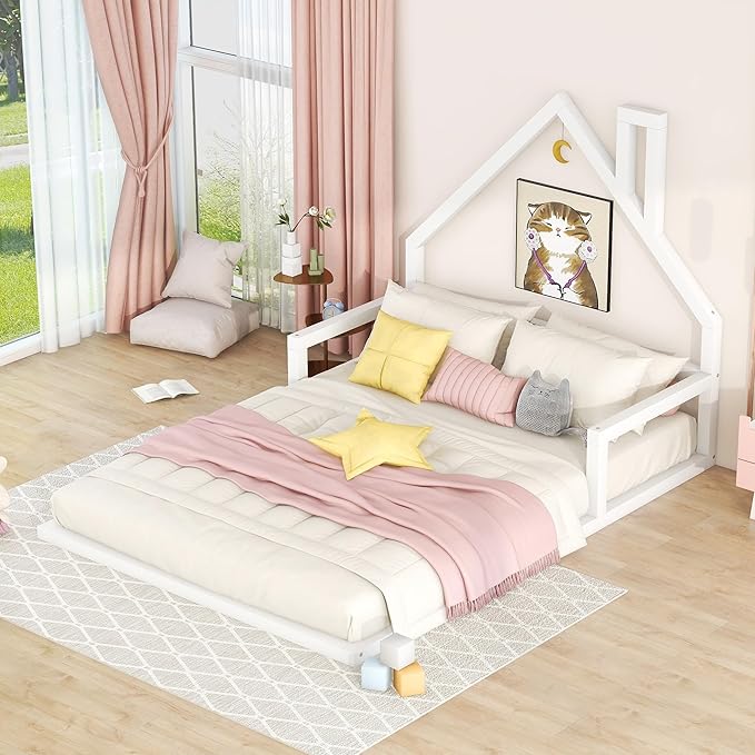 Harper & Bright Designs Full Size Floor House Bed, Montessori Floor Bed for Kids, Solid Wood Low Bed Frame for Bedroom, Playroom, Wooden Slats Support, White