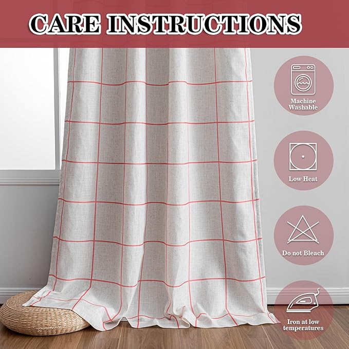MYSKY HOME 100% Blackout Plaid Linen Farmhouse Curtains 63 Inches Long for Girls Bedroom Double Layer Thermal Insulated Striped Print Drapes with Rod Pocket Back Tab, 2 Panels, 52 x 63 Inch, Pink