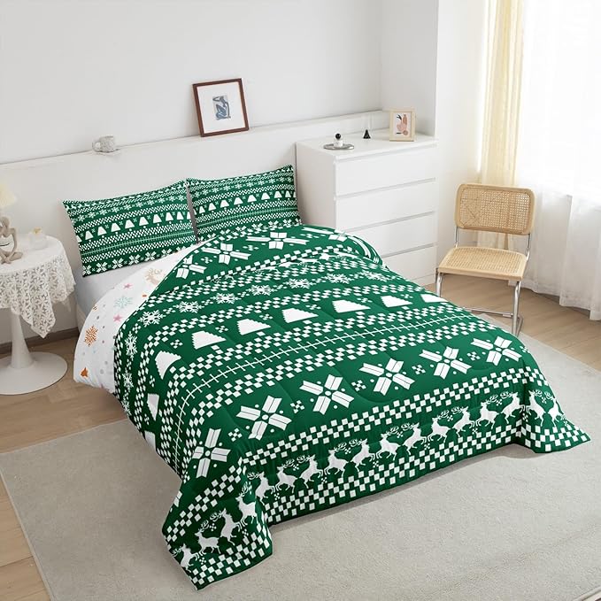 Feelyou Christmas Bedding Set for Kids Boys Girls Queen Size Xmas Deer Elk Decor Comforter Set Ultra Soft Xmas Snowflake Comforter Winter Duvet Quilt Bedroom Decor Christmas Decor Quilt