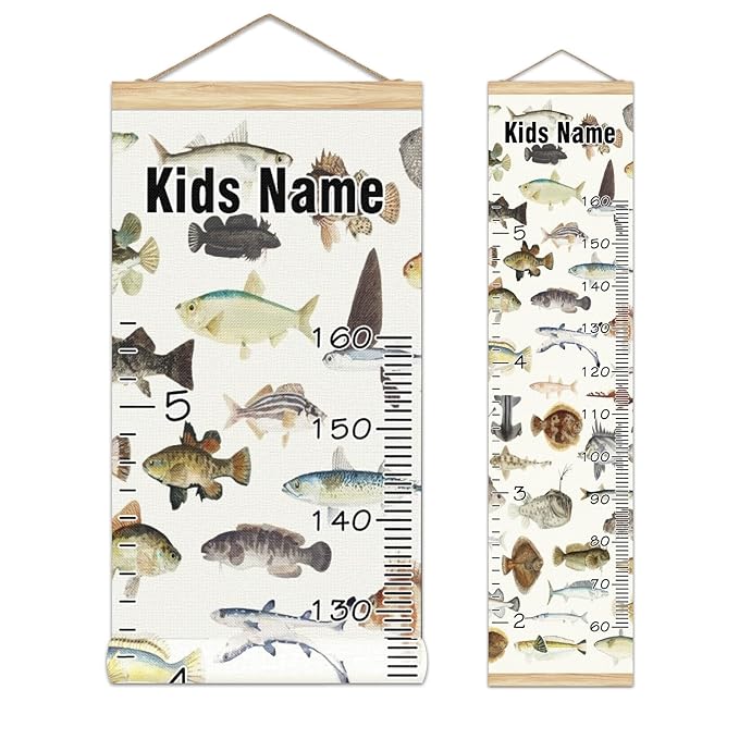 Personalized Kids Name Growth Chart Ruler for Wall Wood Frame Height Measure Chart 13.4x56 in Linen Hanging Height Growth Chart Colored Fish Drawing Kids Room Decor