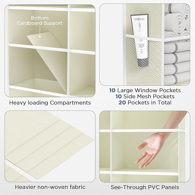 5-Tier Over The Door Organizer with 10 Side Mesh Pockets & Clear Windows, 80 lb Weight Capacity Hanging Storage for Bathroom, Bedroom, Nursery, Kitchen, Organizer Toys (Beige Clear wind 2 Pack)