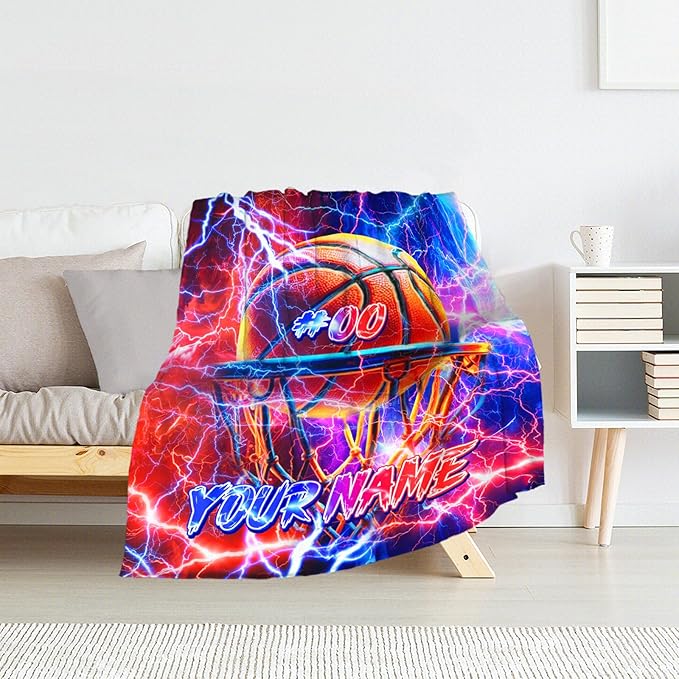 Custom Boys Blanket Gifts Basketball Blankets for Toddler, Kids - Warm Lightweight Flannel Sport Throws Stuff for Couch, Office & Travel
