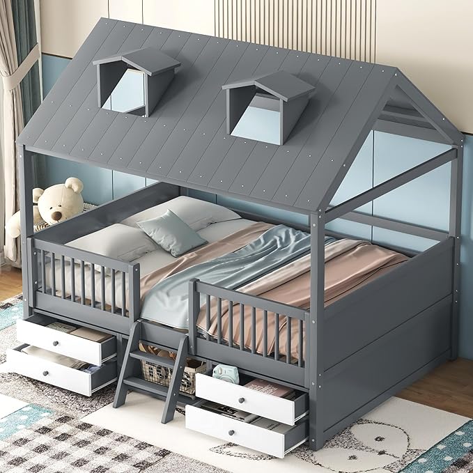 Merax Full Size Wood House Bed Frame with Full-Length Fence and 4 Storage Drawers, Kids Playhouse Tent Bed with Roof and 2-step Ladder for Children Boys Girls Teens Bedroom, No Box Spring Needed, Gray