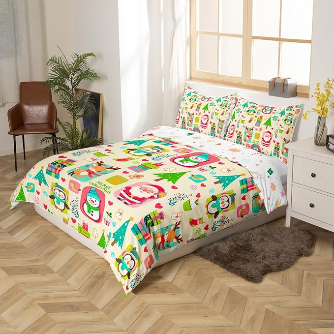Christmas Comforter Cover Cartoon Santa Claus Snowman Flower Bedding Set Cute Penguin Deer Duvet Cover for Children Boys Girls Microfiber Gift Boxes Bedspread Cover Room Decor Bedclothes Twin Size