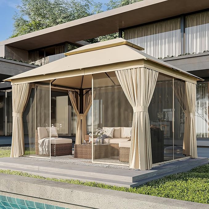 AOXUN Outdoor Gazebo for Patio 10x13, Metal Frame Canopy with Double Roofs, Heavy Duty Party Tent and Shelter with Mosquito Netting and Privacy Screen for Backyard, Lawn, Garden, Deck (Beige)