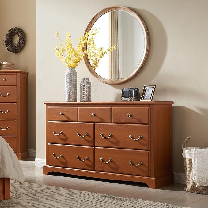 T4TREAM 7 Drawers Dresser Chests for Bedroom, Wood Vintage Chests of Drawers, Rustic Dressers Chset Organizer for Bedroom, Living Room, Hallway, Cherry