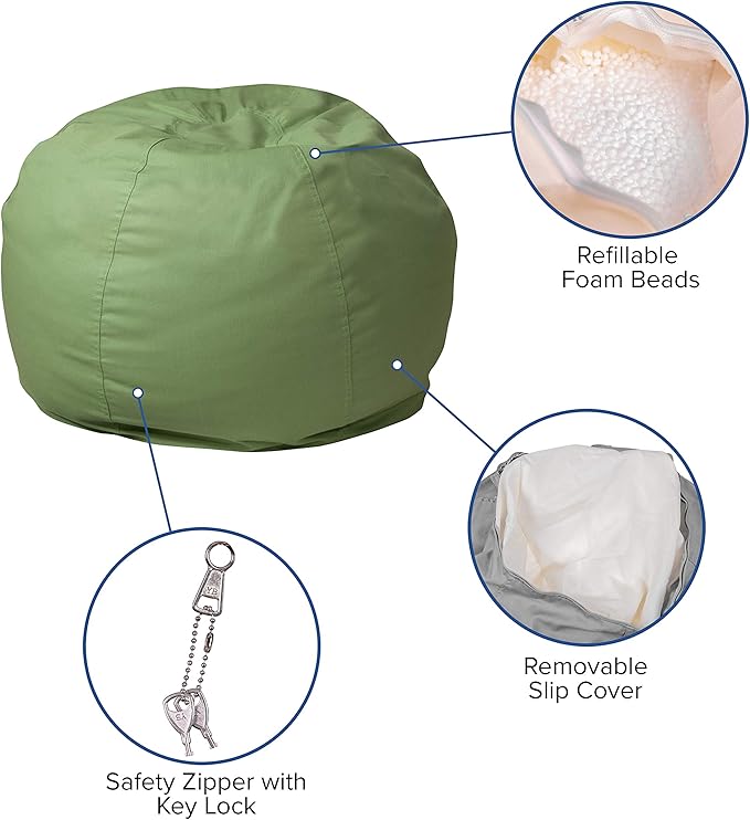 EMMA + OLIVER Small Solid Green Bean Bag Chair for Kids and Teens