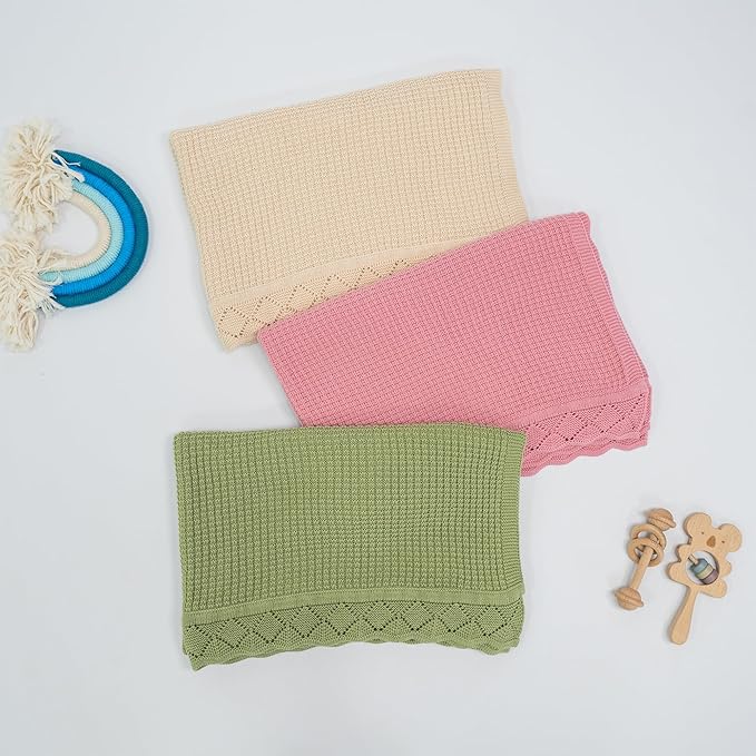 Baby Knit Blanket, 100% Cotton Waffle Patterns, Soft, Cozy, Lightweight Swaddle for Newborn & Infant Swaddling Beige Neutral, Perfect Baby Shower Ideas White 30x30