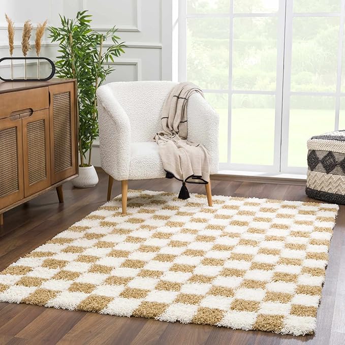 Hauteloom Atira Living Room, Bedroom Area Rug - Contemporary - Plush Pile - Light Mustard, Cream - 18" Sample