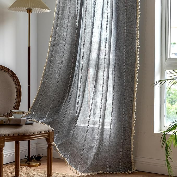 Deeprove Sheer Boho Curtains 63 inches Length for Cafe Closet Kitchen, Vintage Bohemian Embroidery Farmhouse Light Filter Privacy Country Tassel Window Treatments, W52 x L63,Dark Coal Grey 1 Panel