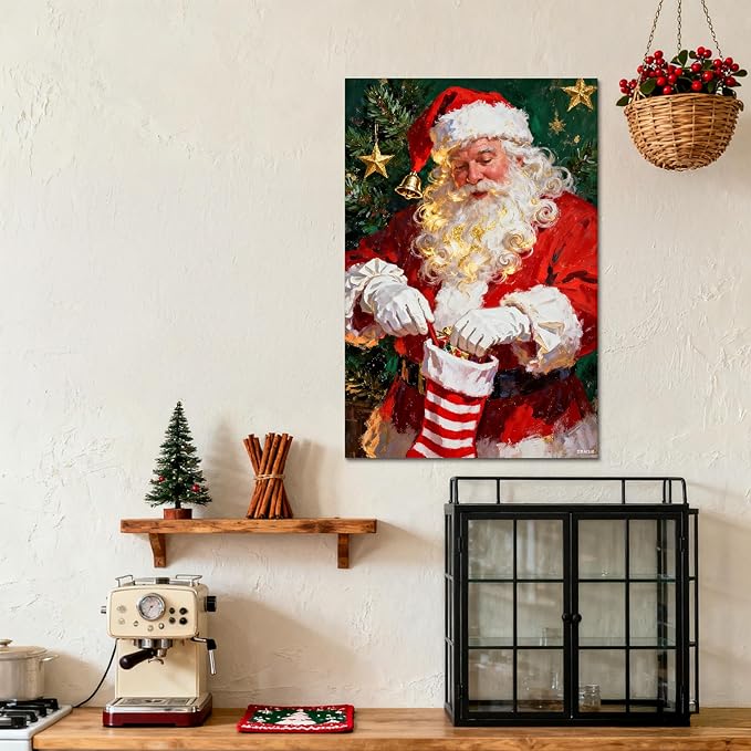 YONICA Christmas Canvas Wall Art Stocking Santa 12x16 Inch Oil Painting Filling Christmas Sock - Large Framed Gallery Wrapped Family Tradition