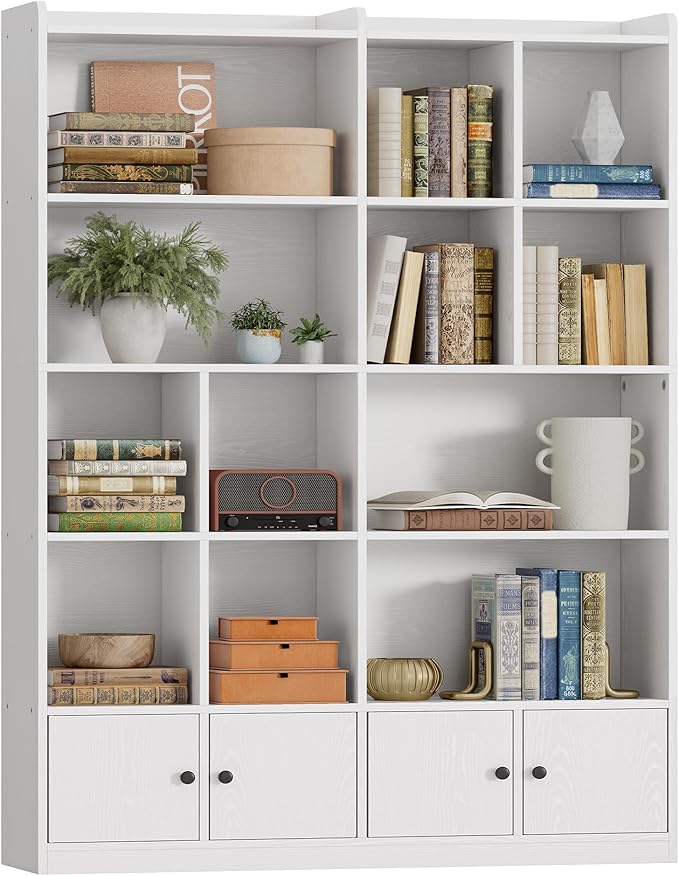 IRONCK Bookshelves and Bookcase, 6 Tiers Large Bookshelf with 4 Doors, Floor Standing Tall Display Storage Shelves for Home Office, Living Room, Bedroom, White