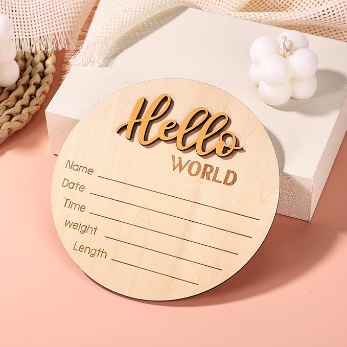 Newborn Announcement Sign, 5.9in Wooden Hello World Baby Welcome Sign Birth Plaques for Newborn Girls Boys Photo Props Baby Shower Hospital Nursery (Gold)