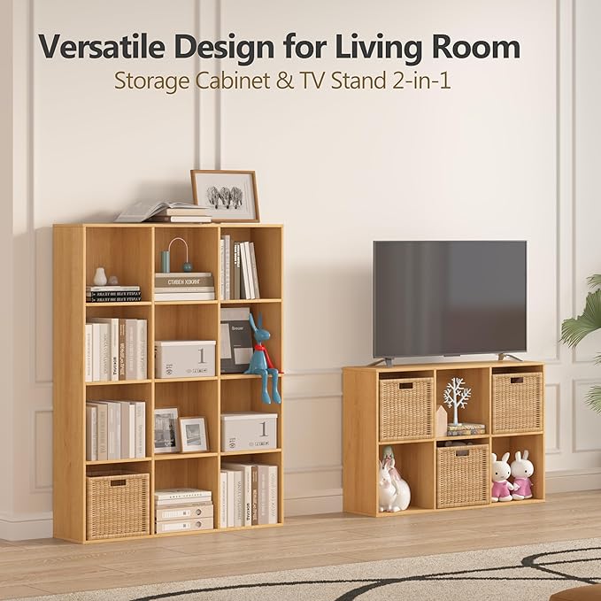 Bookshelf 9-Cube Storage Organizer, Sturdy Wooden Bookcase with Closed Back Panel, Multipurpose Display Shelf for Home Office, Bedroom, Study, 35.98" L x 9.45" W x 35.91" H, Natural Wood