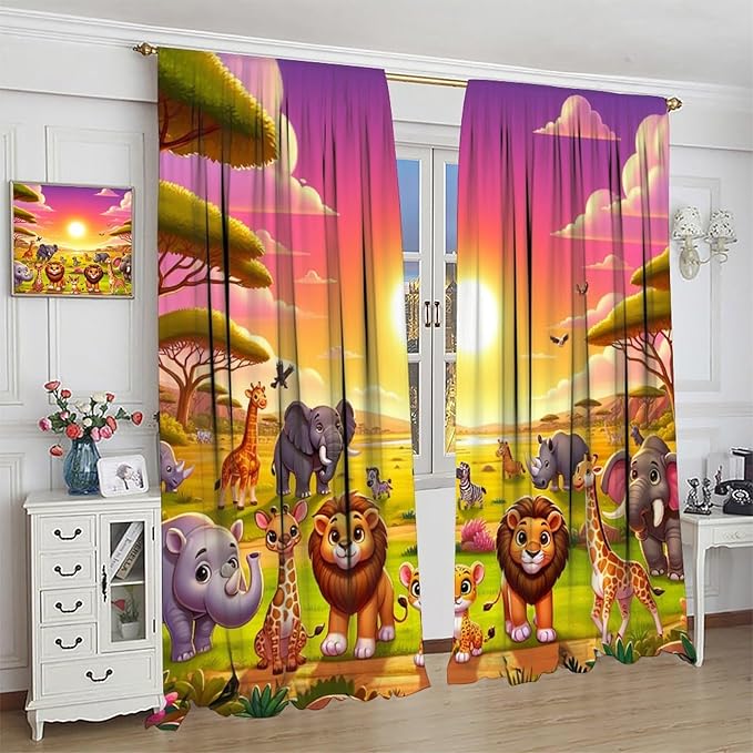 West Animal Curtains Kids Boys Girls Window Treatment Africa Cartoon Animals Lion Elephant Giraffe for Nursery Baby Bedroom Playroom Decor Window Drapes 84" W X 84" L