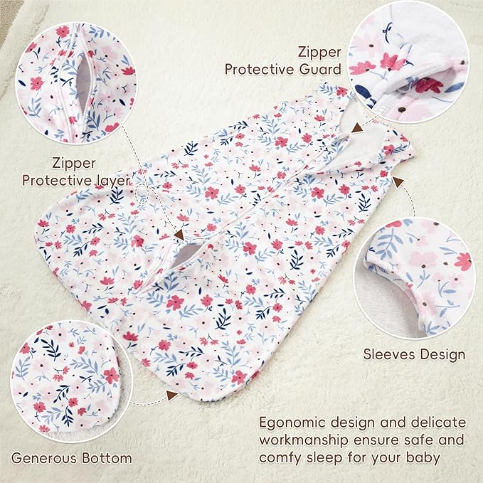 david's kids 3 Pack Warm Micro Fleece Baby Sleep Sack 12-18 Months, Soft Baby Wearable Blankets with 2-Way Zipper, Comfy Winter Sleeping Bags for Toddler Girls Neutral, Large Size, Floral
