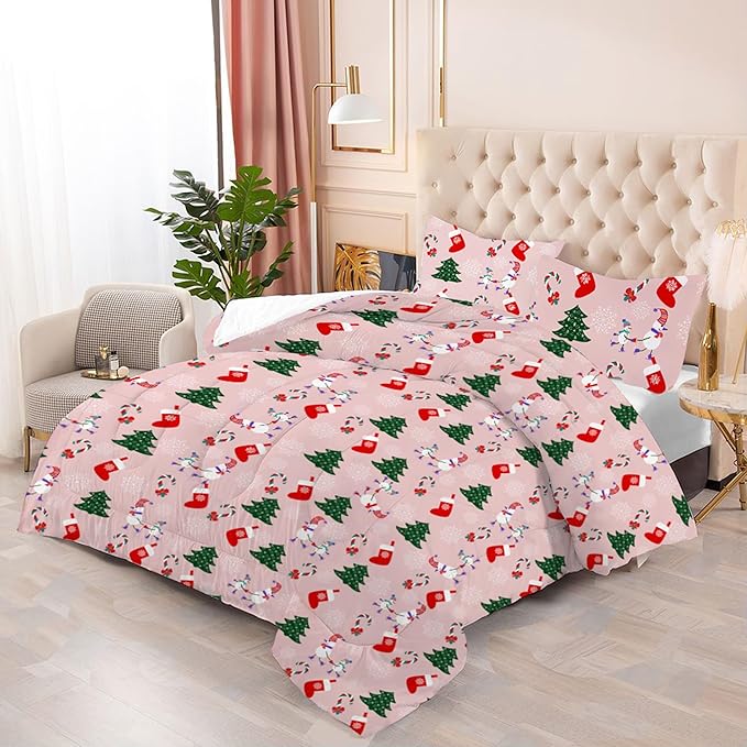 Pink Christmas Comforter Queen: Cartoon Xmas Snowman Bedding Sets Queen Size for Teen Girls Women Adults Christmas Tree Snowflakes Quilt Bed Set 1 Comforter & 2 Pillowcases