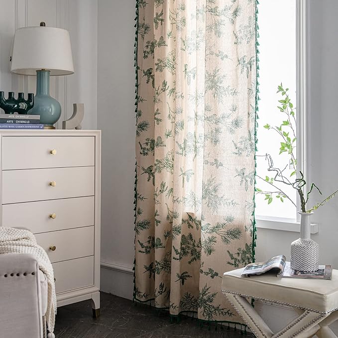 Boho Curtains with Tassel Bohemian Green Semi-Blackout Drapes 84 Inch Length Cotton Linen Farmhouse Window Curtain Panels Floral Pattern Rod Pocket Curtain for Living Room Bedroom, 2 Panel