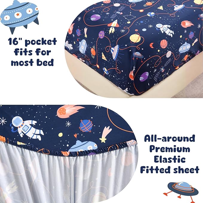 LONAVA Twin Kids Comforter Set - 4 Pieces Twin Bedding Sets for Boys Girls Children, Ultra Soft Microfiber Bed in A Bag with Flat Fitted Sheets, Space