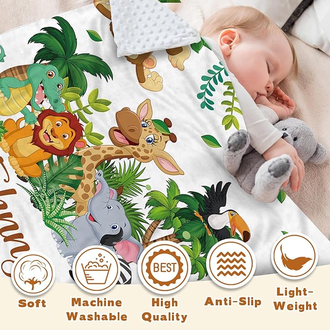 Personalized Baby Blanket with Name, Customized Blanket for Newborn Boys Girls, Woodland Animals Flannel Baby Name Blanket with Dotted Backing, Receiving Swaddle, Gifts for New Parents(60"x80)