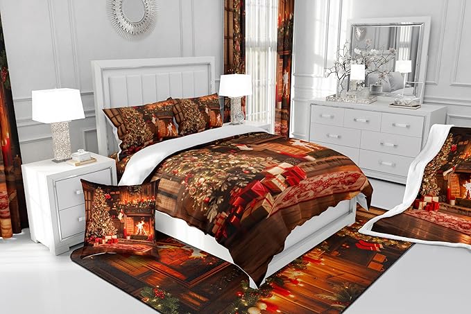 Xmas Theme Comforter Set Queen Size, Vintage Christmas Fireplace Tree Bedding Set for Kids Boys Girls Room Decor, Merry Christmas Duvet Insert 3Pcs, Pine Tree Luxury Quilt Set, 2 Pillowcases