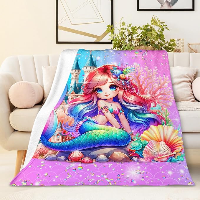 Mermaid Blanket for Girls 4-6, Throw for Toddlers Kid Teens 40x50 Inches Soft Cozy Throw Blankets for Mermaid Lovers Daughter Sofa Couch Bed Trip