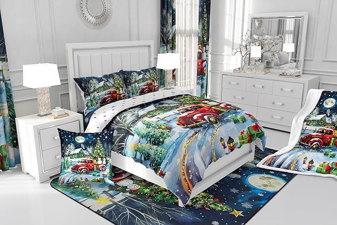 Rustic Farmhouse Xmas Comforter Set Twin Size,Retro Red Truck Snowman Bedding Set for Kids Boys Girls Room Decor,Snowflake Cabin Christmas Tree Quilt Set 2Pcs,Xmas Theme Duvet Insert,1 Pillowcase