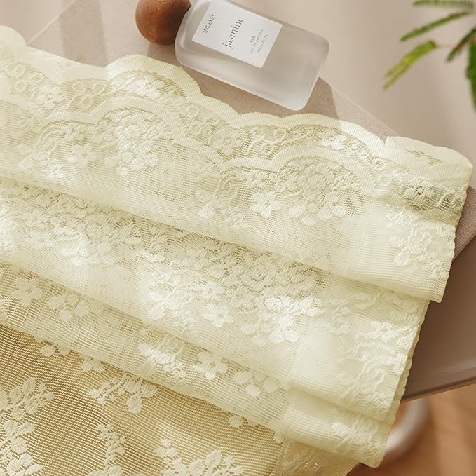 Anmao Vintage Lace Curtains 45 Inches Long 2 Panels Set, Romantic Elegant Light Filtering Semi Sheer Floral Thick Lacy Curtain Drapes for Living Room and Bedroom, Each Panel 55W x 45L, Cream Yellow