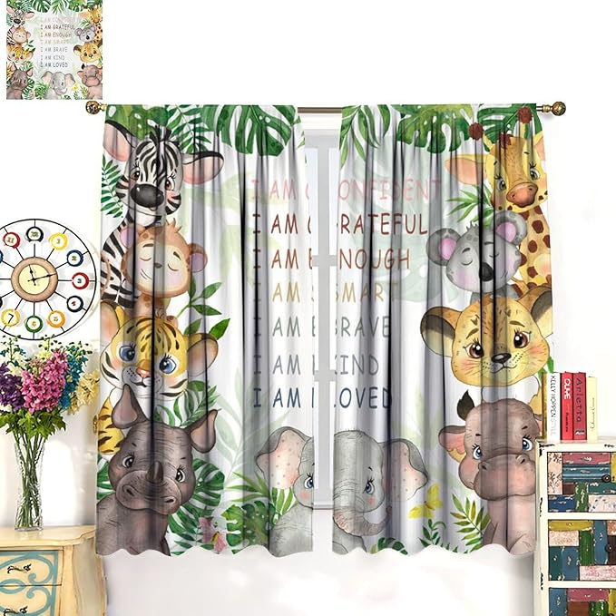Cartoon Safari Animal Curtains Cute Watercolor Wildlife Jungle Window Treatments for Kids Boys Girls Bedroom Living Room Inspirational Motivational Quotes Nursery Children Drapes W63xL72
