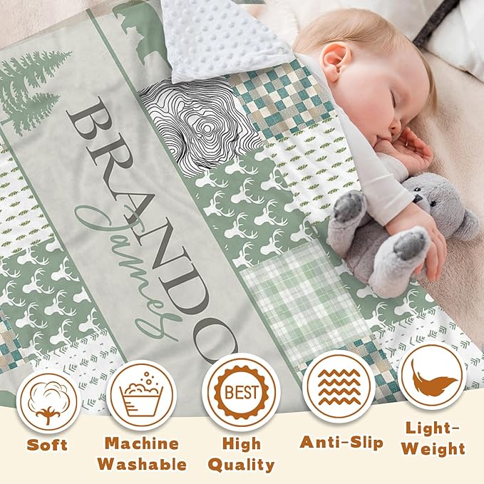 Personalized Rustic Woodland Baby Blanket - Custom Name Bear & Deer Design, Soft Blanket with Double Layer Dotted Backing for Infants Toddlers, Ideal Nursery Decor (60" x80)