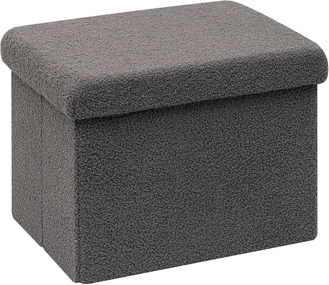 PINPLUS Storage Ottoman Cube Sherpa Ottoman Foot Rest,Small Foldable Portable Boucle Ottomans, Faux Teddy Fur, Grey 16.5"x12.6"x12.6"