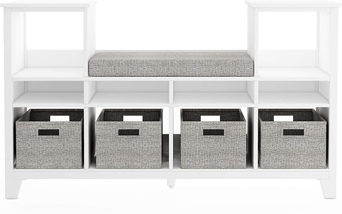 Martha Stewart Kids' Reading Nook - Linen White: Wooden Storage Bench Bookshelf Organizer with Seat Cushion, and Fabric Bins for Toys, Books, Art - Bedroom or Playroom Cubby