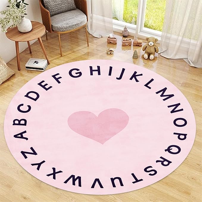 Super Soft Pink Round Rug,5ft,Children's ABC Letter Educational Learning Rug, Non-Slip Washable Nursery Rug, Children's Crawling Play Mat, Suitable for Boys And Girls Bedroom Playroom Decoration