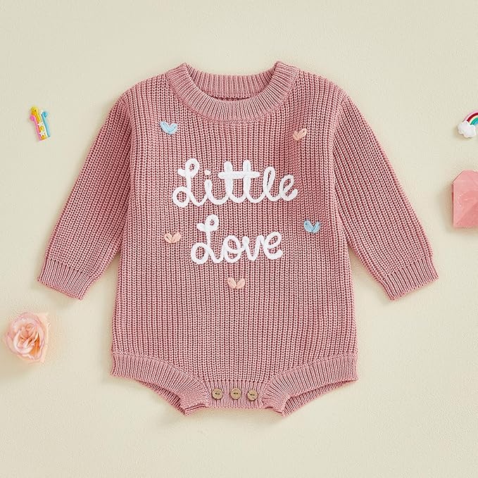 Lesimsam Newborn Baby Boy Girl Valentines Day Outfit Oversized Embroidery Long Sleeve Knit Sweater Bubble Romper Bodysuit