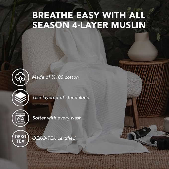 Goqan Muslin Blanket King Size 90x108 – 100% Cotton 4 Layer Boho Muslin Blanket for Adults, Lightweight, Soft, Breathable for Bed, Couch - White