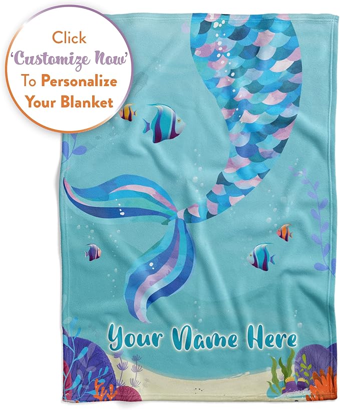 Personalized Mermaid Blanket for Girls | Kids Unicorn | Custom Plush Fuzzy Unicorns for Toddler | Customized Little Girl Throw Blankets | Baby Girl Sofa Bed Birthday (Fleece – 60x80)