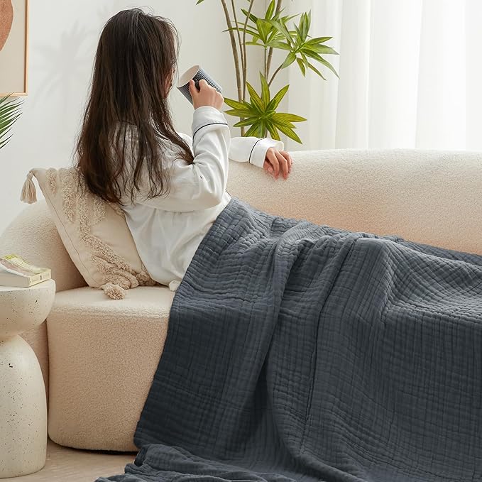 Love's cabin 6 Layer 100% Cotton Muslin Blanket, 108"x90" Muslin King Size Blanket for Bed Couch, Lightweight and Breathable Cotton Gauze for Adult, Dark Grey