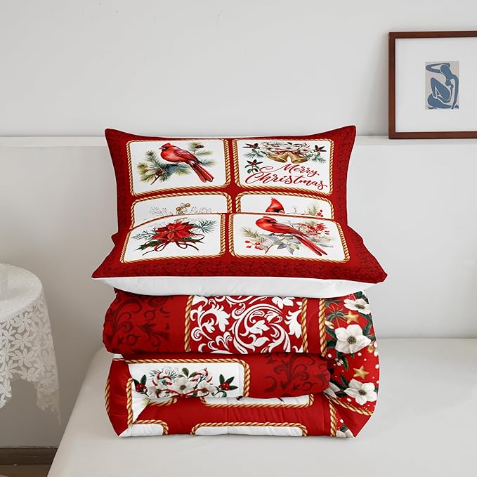 Castle Fairy Merry Christmas Comforter Set King Size,Red Patchwork Xmas Themed Plaid Bedding Set All Season Quilt Set,Cardinals Berries Bells Floral Pine Microfiber Polyester Down Comforter