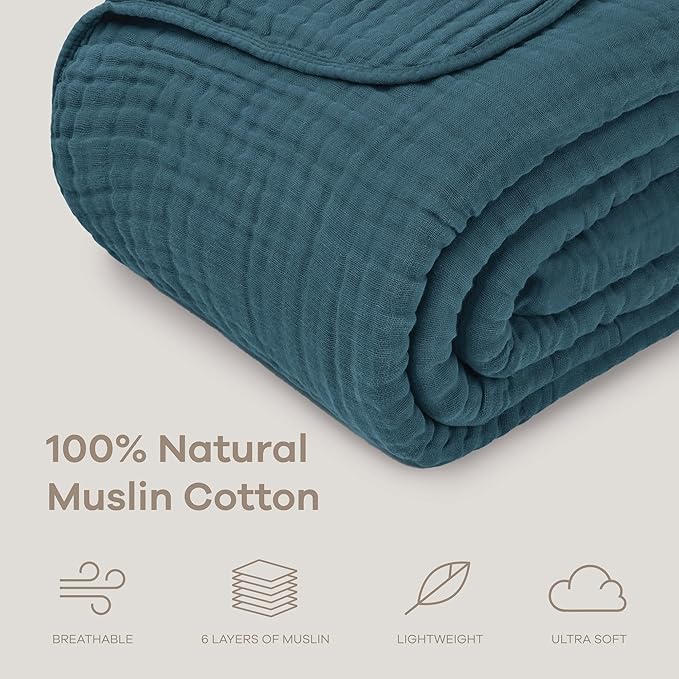 Comfy Cubs Muslin Blanket for Adults Twin 90" x 66" - 6 Layer Soft, Breathable & Lightweight Muslin Adult Blanket - Machine Washable & Designed in The US Bedding for All Seasons - Neptune
