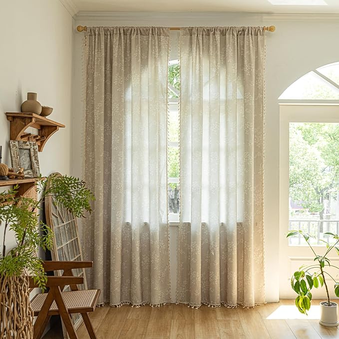 ENJOYBRIDAL Floral Curtains 84 Inches Long 2 Panels Light Camel Rustic Drapes Rod Pocket Bedroom Living Room Semi Sheer Window Curtain Panels Floor Length Farmhouse Boho Chic Cute Window Treatments