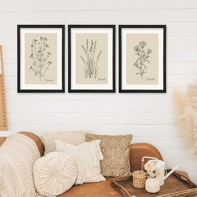 YWJKWLGS Vintage Botanical Wall Art 16x24 Inch Set Of 3 Wooded Framed Minimalist Rustic Wildflower Pictures Floral Sign Bedroom Wall Hanging Decor (Black)