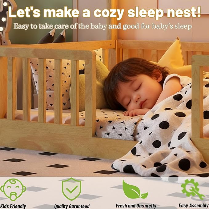 Twin Size House Bed for Kids, Low Profile Montessori Bed Twin with High Railings, Wood House Shape Montessori Beds with Light & Roof for Kids, Natural
