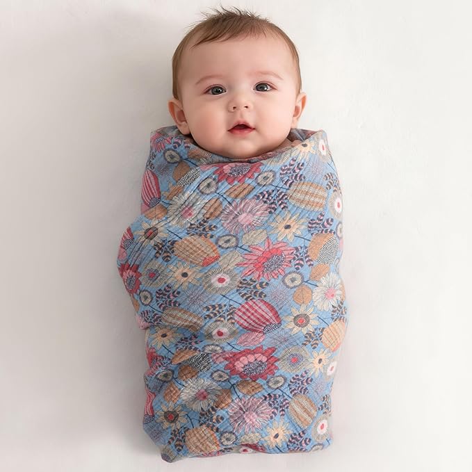 NTBAY 2 Layer Muslin Cotton Baby Swaddle Blanket, 42x60 Soft and Breathable Receiving for Newborns and Infants, Perfect for Crib, Stroller, Travel, Lightweight Nursery Blanket, Boho Flower
