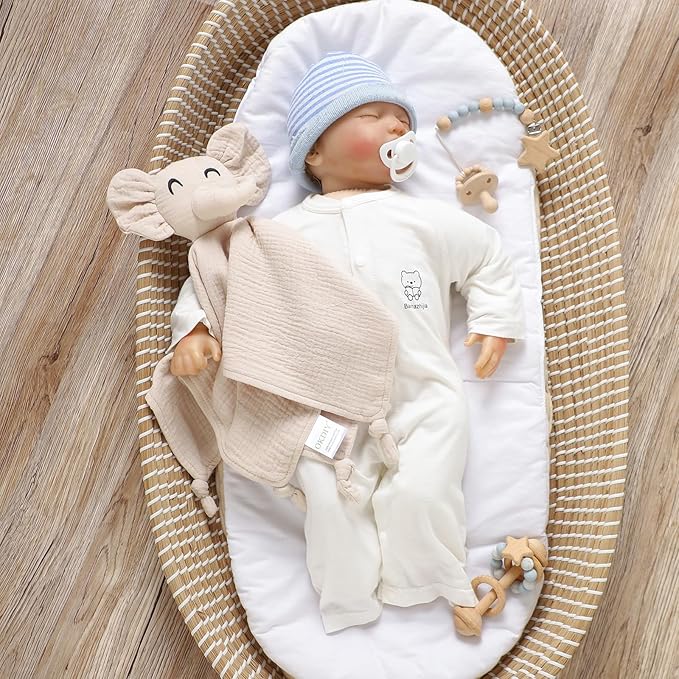 Organic Cotton Muslin Loveys for Babies,Security Blankets for Baby Lovey,Newborn Baby Gifts for Boys and Girls (Elephant-Khaki)