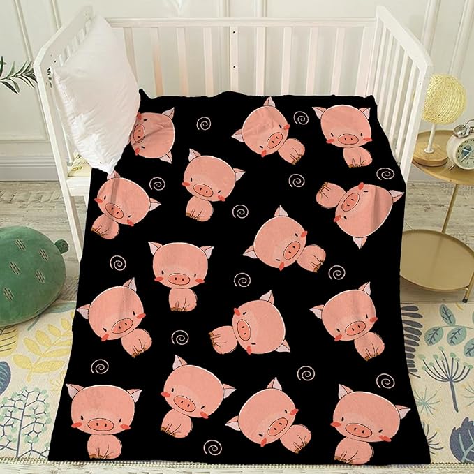 Thuswarm Cute Piggy Kawaii Pig Black Flannel Throw Blanket Warm Cozy Soft Funny Print Blankets for Bed Couch Sofa Room Decoration Gifts 120"×90" Extra Large for Family