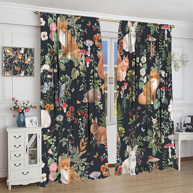 Animal Curtains, Watercolor Forest Animals Plants Pattern Blackout Window Treatments, Rod Pocket Thermal Insulated Drapes 2 Panel Sets for Bedroom Living Room, 42" W X 63" L