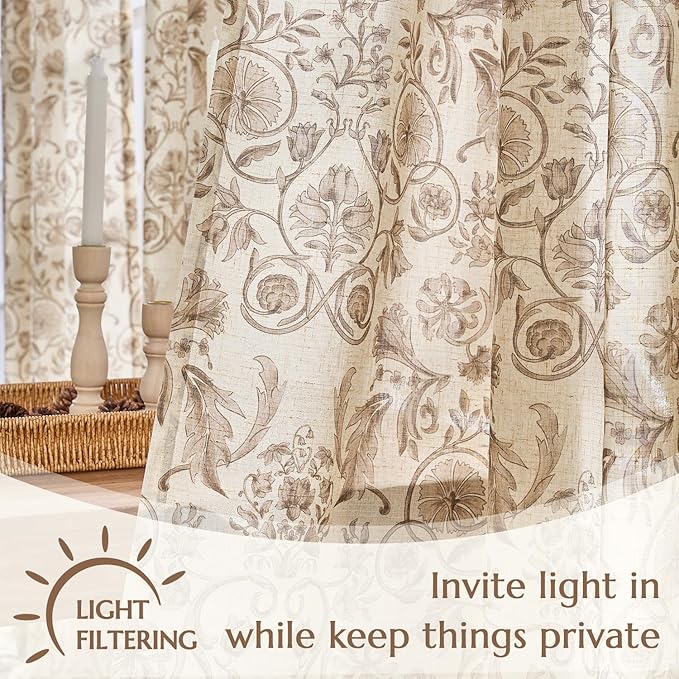 jinchan Linen Floral Curtains for Living Room with Printed Flower 63 Inches Long Light Filtering Farmhouse Window Treatment Vintage Short Drapes Back Tab Rod Pocket 2 Panels Taupe on Beige