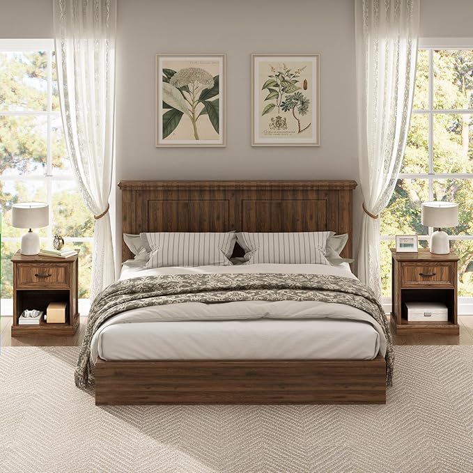 CARPETNAL Farmhouse Dresser and Nightstand Sets for Bedroom, 3 Pcs Bedroom Set, 9 Drawer Dresser & Nightstand Set of 2, Modern Wood Chest of Drawers for Bedroom, Living Room, Entryway, Brown