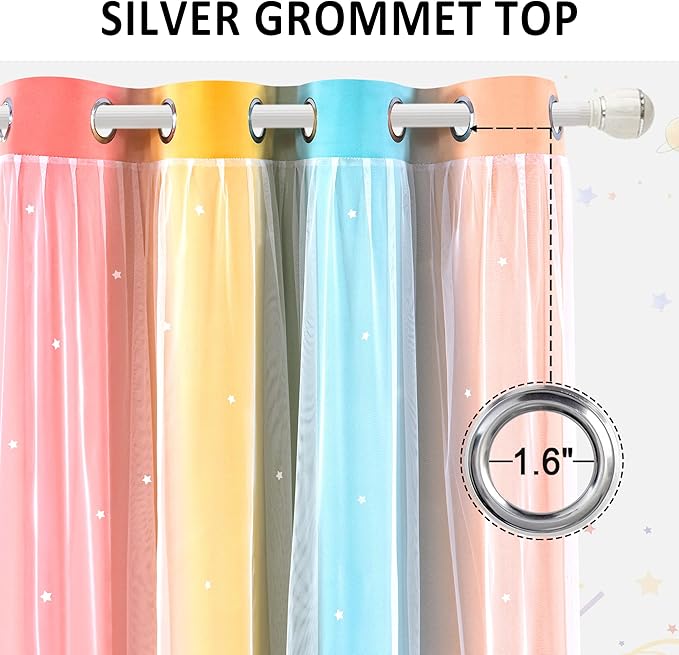 Kinryb Nursery/Kids/Girls Room Star Cut Out Blackout Rainbow Curtain with Sheer Overlay 2 Panels, Each 52 inch Wide,84 inch Length with White Gauze,Ombre Stripe Rainbow Curtains (2 Panels,52x84 Inch)