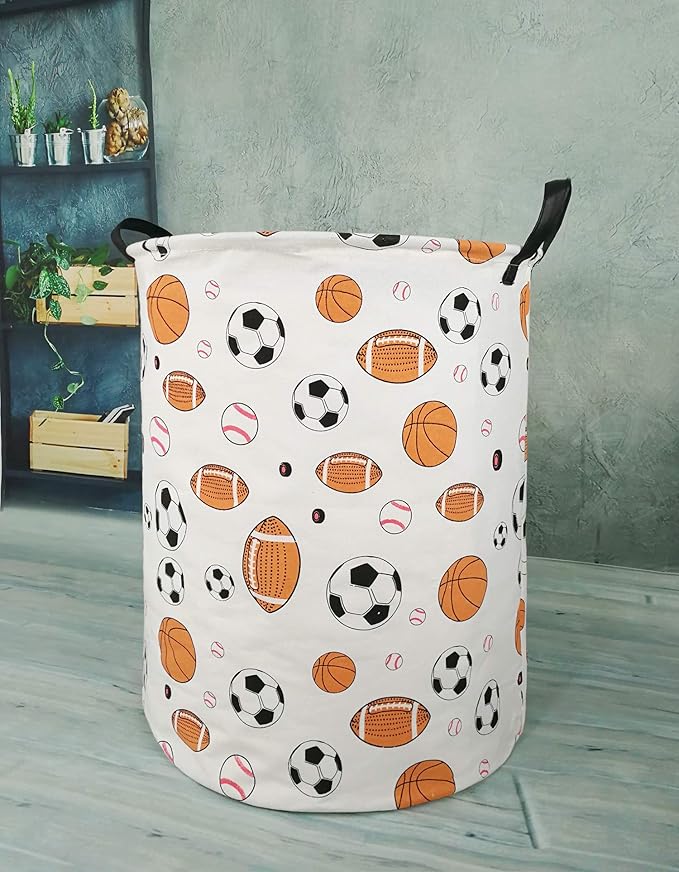KUNRO Round Basketball Football Laundry Gift Basket Storage Hamper, Kids Toys and Clothes Storage Organizer Bins, Toy Shelf Basket with Handles for Room Decor (Balls)